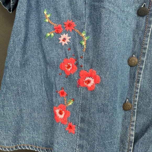 Vintage K Studio Plus Size 14 Denim Embroidered Floral Open Back Button Up Shirt - Picture 11 of 14